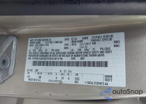 2017 Ford Escape Se from USA, damaged, VIN 1FMCU9GD7HUC41116
